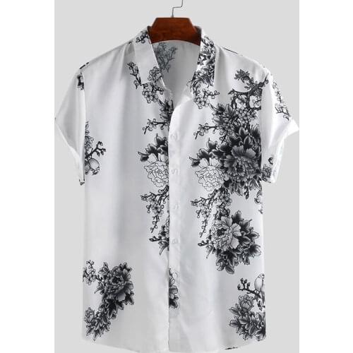 Mens Plum Blossom Ink Painting Printed Short Sleeve Shirt Summer Southeast Asia Casual Ink Painting Printed Mens Beach Shirt