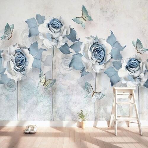 Self-Adhesive Waterproof Canvas Mural Wallpaper 3D Blue Flowers Butterfly Wall Painting Living Room Bedroom Romantic Decor Mural
