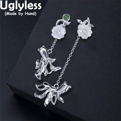 Uglyless Asymmetric Fishes Earrings for Women Lovely Animals Oriental Charming Jewelry Shell Flowers Studs 925 Silver Goldfish