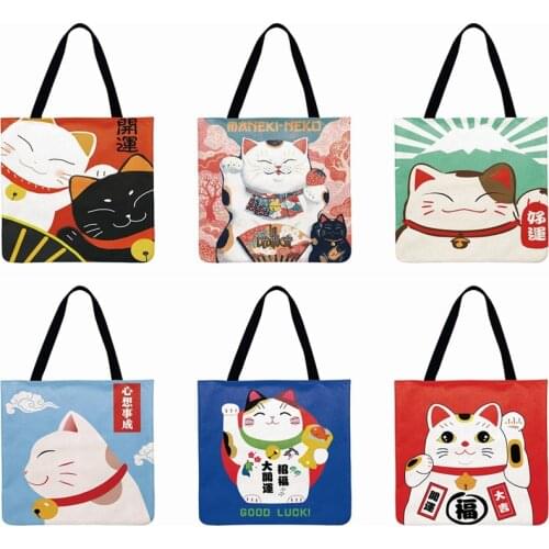 Japanese Lucky Cat Tote Bag Linen Febric Casual Tote Foldable Shoulder Shopping Bag waterproof Bag Reusable Women Beach Bag