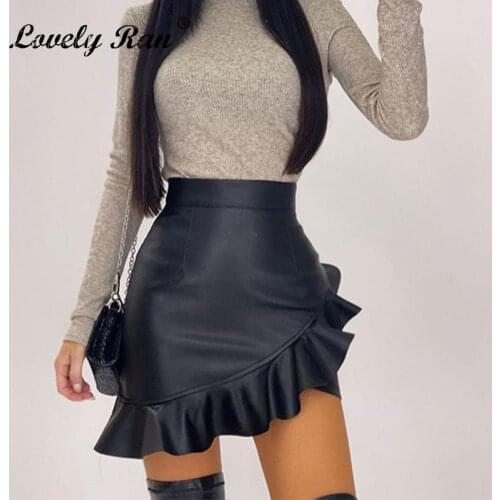 PU Leather Ruffler Irregular Women Mini Skirt High Waist Zipper Female Skirts 2021 Solid Skinny Streetwear Simple Lady Bottom