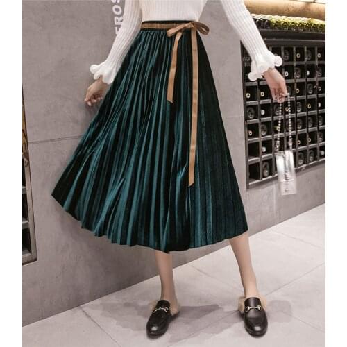 Womens Long-Skirt Pleated Velvet Office Vintage High-Waist Fashion Female Casual Autumn Winter Sexy Elegant Skirts