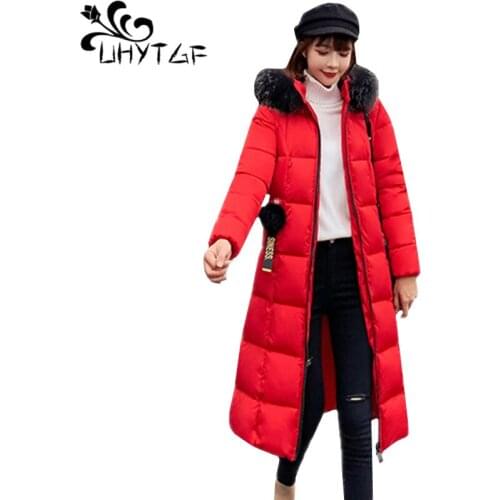 UHYTGF Womens winter jacket fur collar hooded down jacket slim plus size coat wild cold warm long outerwear parker Female 1271