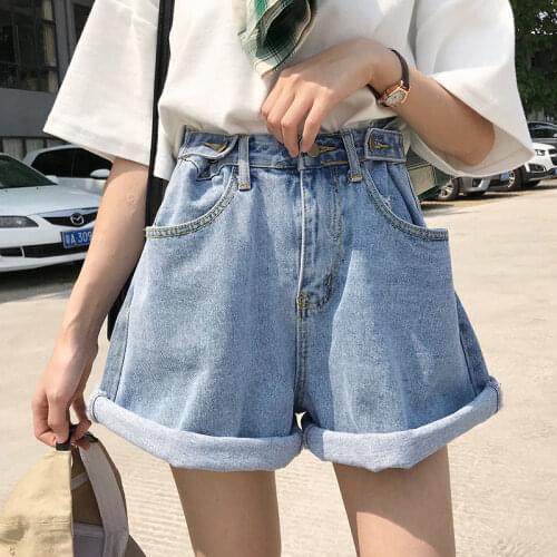 Ailegogo 2020 New Summer Women High Waist Blue Denim Shorts Vintage Female Wide Leg Solid Color Loose Jeans Shorts