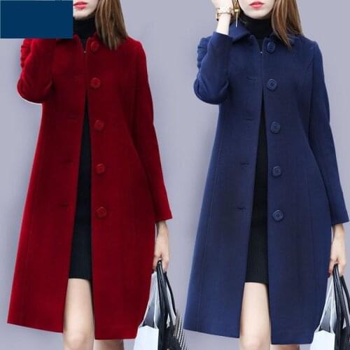 Medium Length Hand Made Women collar Winter long sleeve Woolen Suit Clothes Coat With Pockets