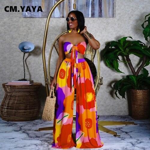 CM.YAYA Fashion Print Womens Set Crop Tops and Straight Wide Leg Pants Set Streetwear Sexy Tracksuit Two Piece Outfit Tracksuit