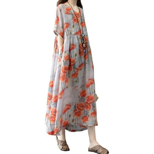 Large Size Ethnic Print Short Sleeve Dresses Women Bohemian Floral Printing Pockets Dress Summer Vintage Lady Dress A-LineFC1320