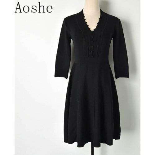 Retro V-collar Seven-Sleeve Dress Female Closed Ice Silk Knitted Dress