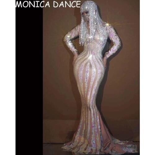 Sexy Sequins Stripes Floor-length Tailing Dress Women Singer Host Models Evening Party Catwalk Stage Costume Bar Sexy Outfit