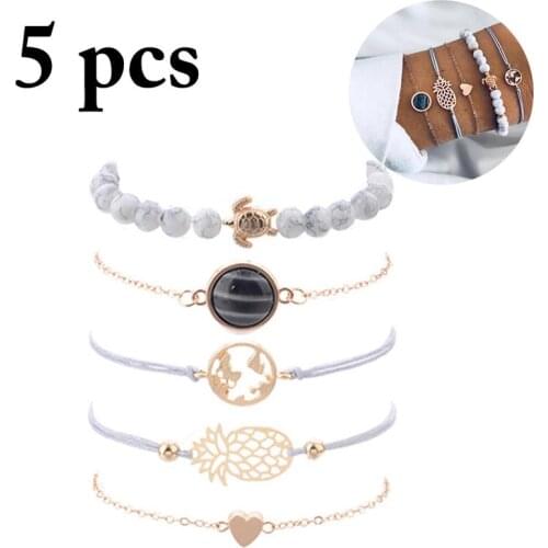 5 Pcs/set Bohemian Pineapple Turtle Heart Earth Bracelet Sets for Women Weave Rope Chain Bracelets Pulseras Mujer Stone Jewelry