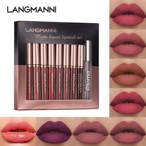 9pcs/set Langmanni 8pcs Matte Lipstick + 1pcs Lip Plumper Velvet Lipstick Waterproof Long Lasting Lip Gloss Non-stick Cup Makeup
