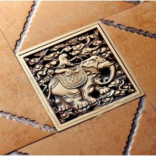 Antique Bronze Brass Elephant Floor Drains Art Carved Bathroom Shower Square Strainer Waste Grate Floor Drain Khr025