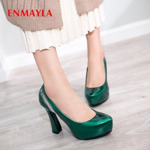 ENMAYLA 2020 Patent Leather Slip-On Party Pumps Women Shoes Square Heel Luxury Shoes Women Designers Round Toe Women Shoes
