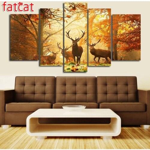 FATCAT 5 Panel Animal Deer Forest Diy Diamond Painting Full Square Round Drill 3D Diamond Embroidery Sale Art Home Decor AE920