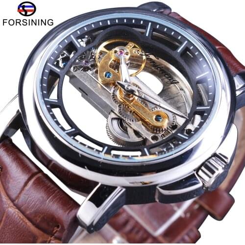 Forsining Mens Watches Top Brand Luxury Automatic Self-wind Brown Genuine Leather Band Water Resistant Mechanical Wristwatches