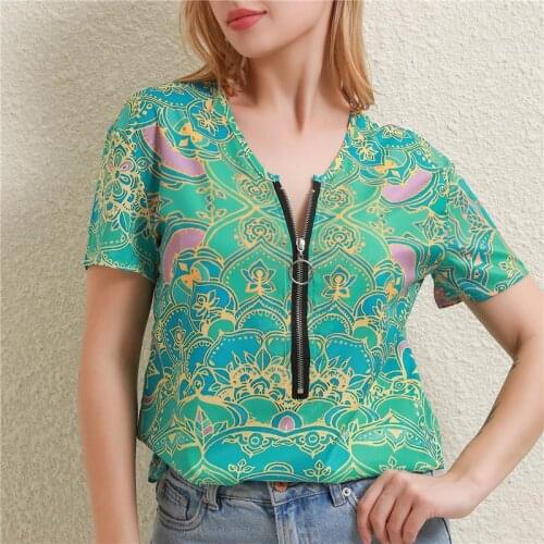 Summer Retro Tees Print Deep V Neck Tshirt Loose Zipper Short Sleeve T-shirt Female Casual T-Shirt Fashion Womens Tops