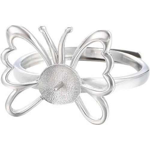 Ring Blank for 6mm-8mm Round Beads or Pearls White Gold Plated 925 Silver Butterfly Shape Ring Setting Adjustable Ring Base