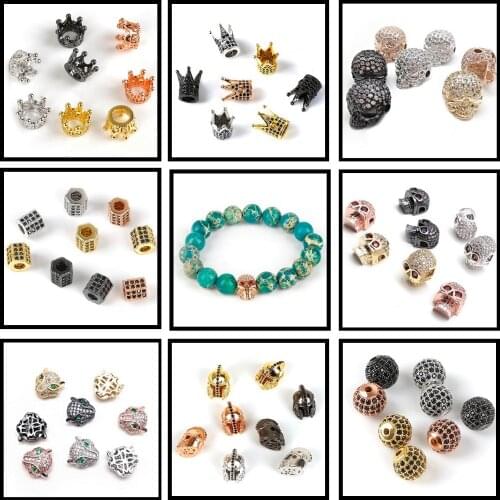 Crown/Leopard/Skull Copper Round Spacer Beads Brass Micro Pave Cubic Zirconia Beads For Jewelry Making DIY Charm Bracelet