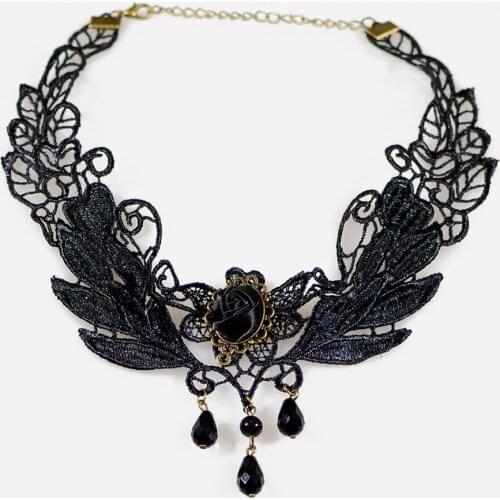 Fashion New Women Black Lace Necklace Resin Water Drop Pendant Hollow Flower Design Necklaces Fashion Accessories