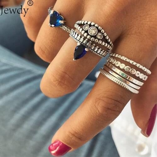Jewdy blue heart crystal rings set for women boho silver color midi kunckle rings set vintage jewelry
