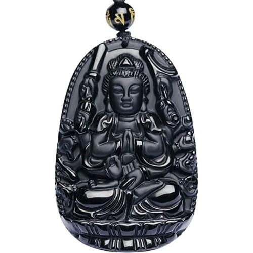 Charming Buddha Pendant Necklace Bodhisattva Amulet/Talisman Made of Obsidian Gemstone, Bella Jade