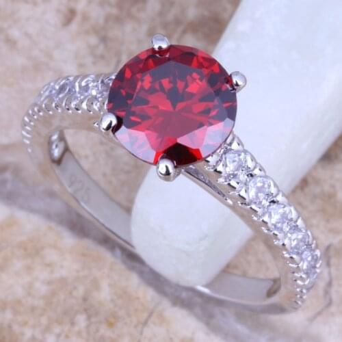 Very Good White CZ Red Garnet Silver Plated Womens Jewelry Ring Size 5.5 / 6 / 7 / 8 / 9 R0690