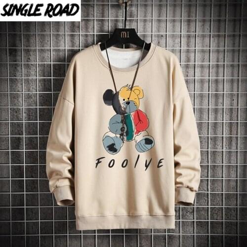 SingleRoad Crewneck Sweatshirt Men 2020 Autumn Bear Print Oversized Japanese Streetwear Khaki Hoodie Men Sweatshirts Hoodies