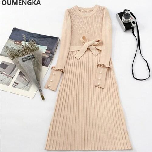 Autumn Winter Thick Knit Mid-Calf Dress Women Casual Pleated Slim Bodycon Sweater Dresses Office Lady Korean Style Beading Dress