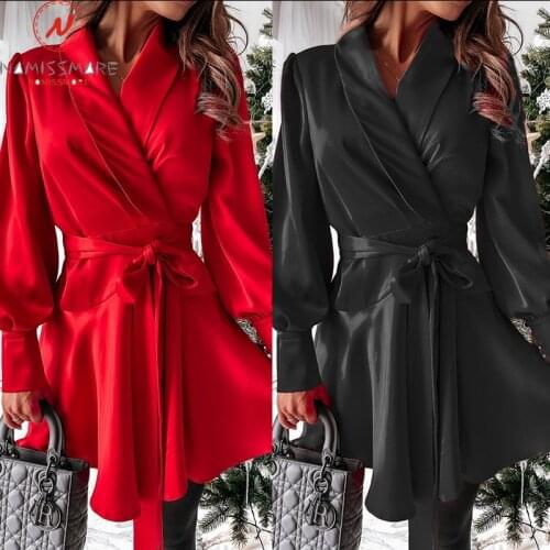 Fashion Women Solid Color A-Line Dress Bandage Decor Turn-down Collar V-Neck High Waist Long Lantern Sleeve Slim Mini Dress