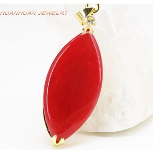 17x48mm Gold-Color Stainless Steel Stone Pendant For Women Natural Jades Chalcedony Marquise Shape Pendants Chain Jewelry B3346