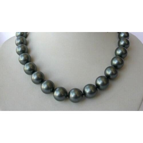 Stunning big 14mm round Tahiti black south sea shell pearl necklace