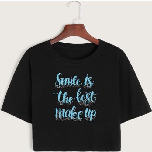 Smile Is The Best Makeup Womens Crop Shirt Cropped T-Shirt Crop Top Tee Summer Short Sleeve Cotton Tops Girls Graphic T-Shirts