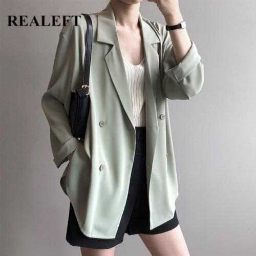 REALEFT New 2021 Summer Thin Double Breasted Womens Blazers Pocket Female Formal Jackets Elegant Casual Loose Outerwear Tops