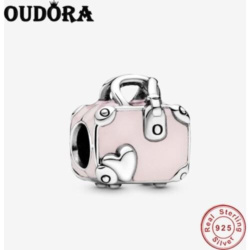 Fit Original Pandora Charms Bracelet 100% 925 Sterling Silver Pink Travel Bag Charm Bead Women Fashion Jewelry DIY Berloque