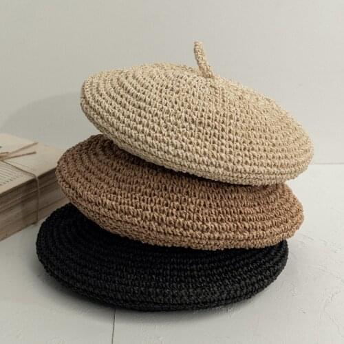 Spring Summer Womens hand made Beret Straw Hat beach outdoor Beret Retro Literary Pure Color Breathable Painter Hat