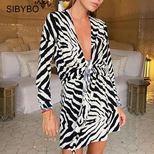 Sibybo Zebra Print Sexy Bandage Shirts Dress Autumn Long Sleeve Turn-down Collar Mini Dresses Women Bodycon Party Vestidos 2020