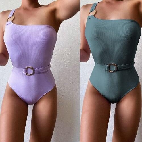 2021 Belted Beachwear Sexy Backless Bodysuit One Piece One shoulder Swimsuit High Cut Swimwear Women Solid Bathing Suits