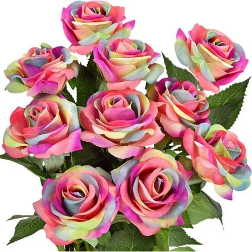 8Pcs Rainbow Artificial Rose Flower Real Press Artificial Silk Flower Fake Roses For DIY Bouquets Wedding Party Decor