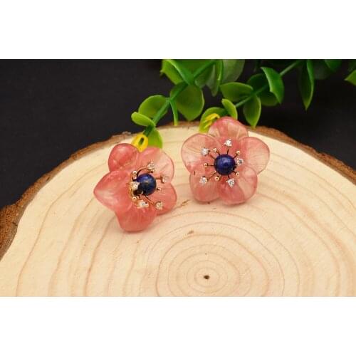 925 white stud earrings with red crystal natural stone lapis lazuli flower handmade earrings