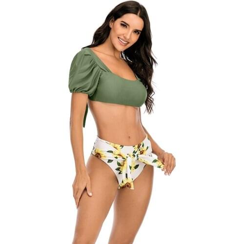 Bikini New Bubble Sleeve Bikini Europe and America One-neckline Swimsuit High Waist Bind Band Bikini Swimsuit