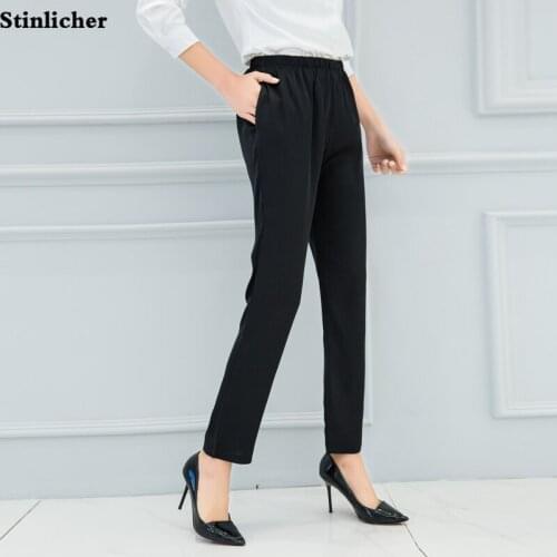 2019 Spring Summer Women Pants Office Ladies Wide Leg Loose Silk Satin Straight Elastic High Waist Pants Women Casual Trousers