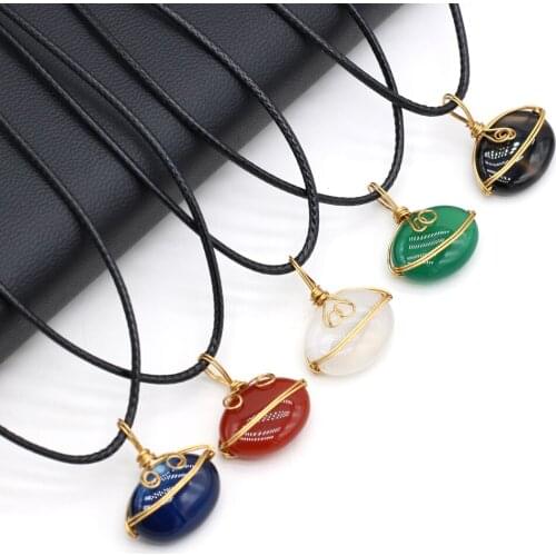 Natural Stone Pendant Necklace Oval Shape Winding Wire Agates Pendant Charms for Women Men Jewelry 21x22mm Length 40cm