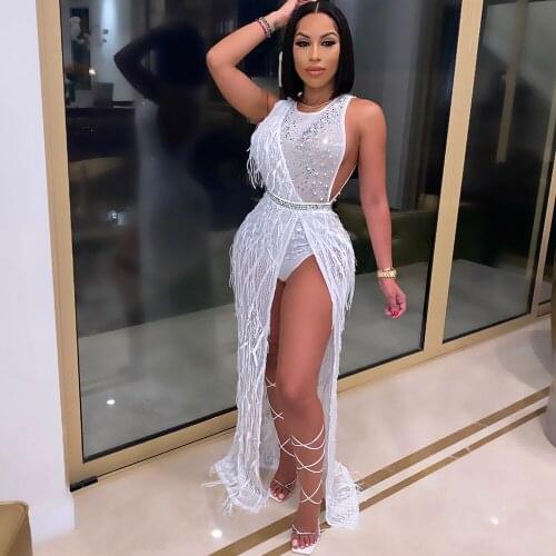 Beautiful Mesh Crystal Gown Sparkle Sleeveless Sequins Fringed High Slit Long Maxi Dress New Year Eve Party Dress MH51