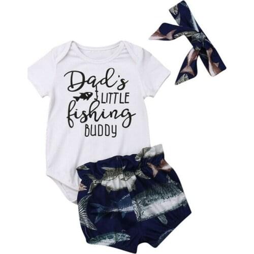 Summer Infant Baby Boy Girl Clothes Letter Buddy Romper Tops+Fish Print Shorts Pants+Headband Outfits 3Pcs Set