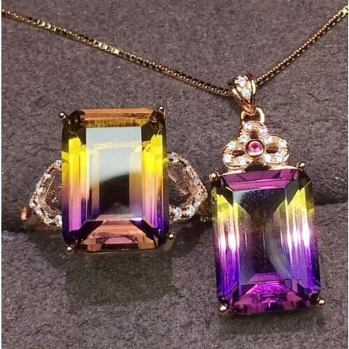 Ametrine rectangle jewelry set Free shipping 925 sterling silver 1pc ring ,1pc pendant 10*14mm 7.5ct*2pcs big gemstone J8073101