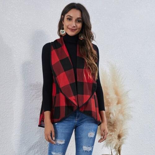 Autumn Women Plaid Cardigan Vest 2020 New Fashion Turn Down Collar Vests With Pockets Womens Casual Outwear Big Size Female Top