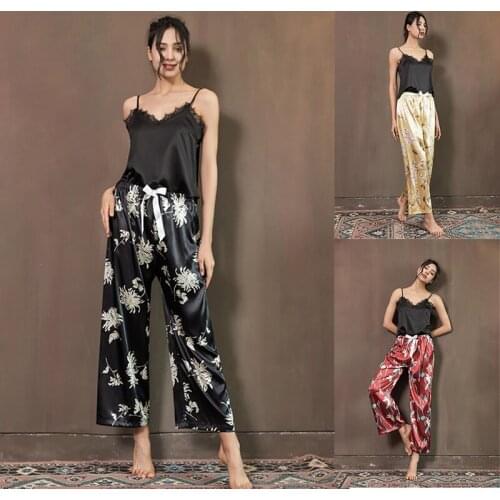 Silk Stain Women Pajamas Set New Summer 2Pcs Sexy Vest Sleepwear Casual Floral Printed Loose Thin Trousers Girl Elegant Homewear