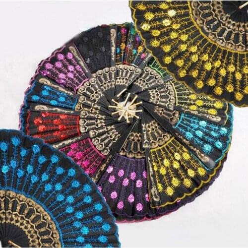 Plastic Embroidered Sequins Folding Flower Lace Fan Dance Hand Fans Party Wedding Decor Dancing Supplies Spanish Style