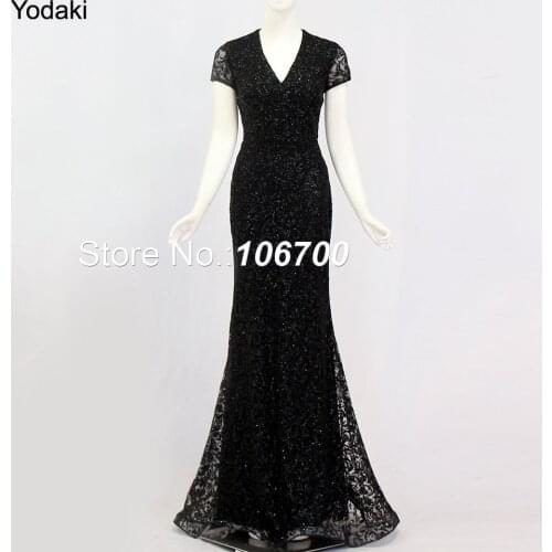 Stunning Real Photos Mermaid Long Evening Dresses V Neck Short Sleeves Sheer Back Black Color Glitter Fabric Pageant Prom Gowns