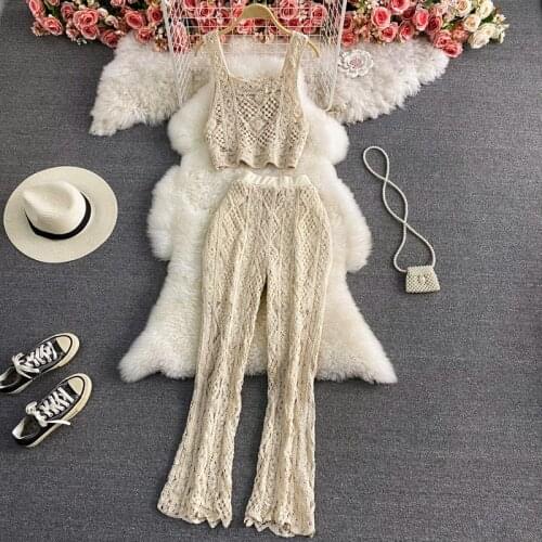 FABPOP 2021hollow Out Square Collar Beige Short Tank Top High Waist Stretch Long Flare Pants Knitted Two Piece Set GB588